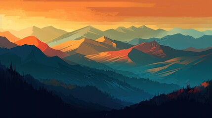 Mountains and sunset. Digital art style. Generative AI
