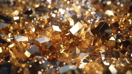 Golden crystals, glass cubes wallpaper, gold crystals background with abstract light shine in 3D AI generative