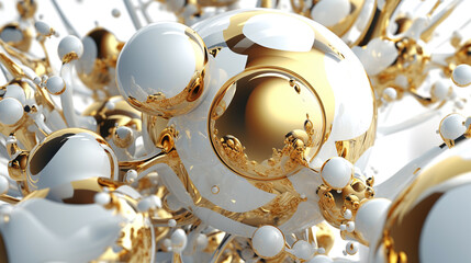 Gold oil drops in white paint splash, abstract 3D liquid glass bubble balls, background or wallpaper in AI generative