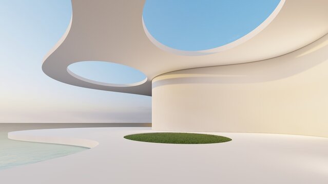 Abstract architecture background white curved building with lawn 3d render
