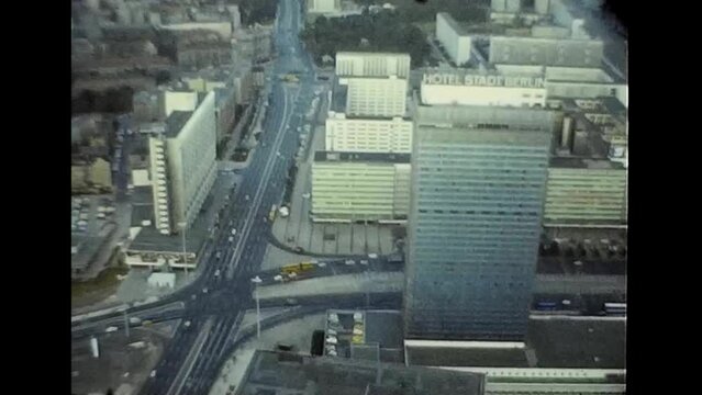 View from the television tower, Hotel Stadt Berlin, high-rise buildings, East Berlin, GDR, October 1980