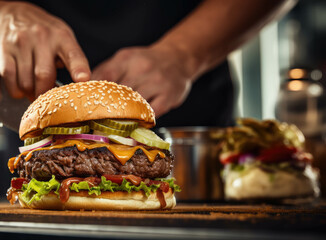 Cook preparing a cheeseburger - food photography