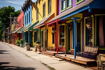 Eine Reihe farbenfroher Häuser am Straßenrand. 