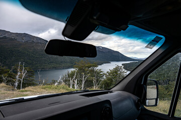 View of Lago Escondido from inside a vehicle in Tierra del Fuego, Patagonia Argentina.