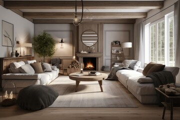 Cozy farmhouse living room interior, generated with AI