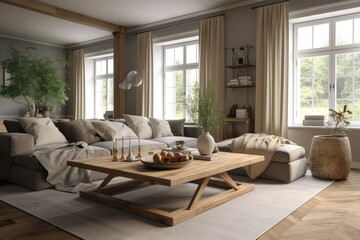 Cozy farmhouse living room interior, AI generated image