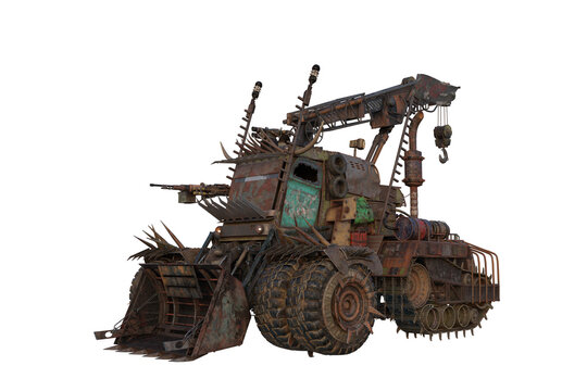Fantasy post apocalypse wasteland vehicle with machine gun. Isolated 3D illustration.