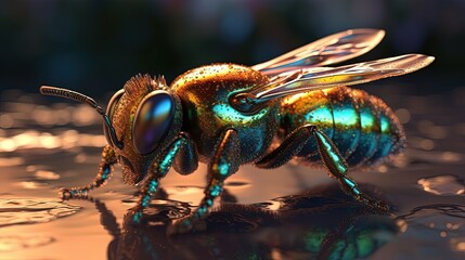 Bee with iridescent color. Close-up. Generative AI