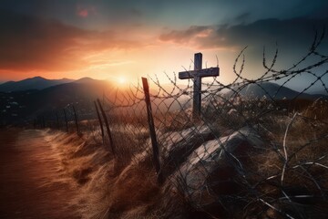 Cross of jesus christ break barrier wire on a background