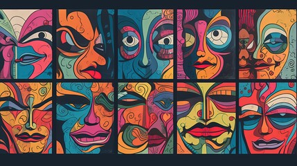 Fototapeta na wymiar Comic colorful faces pattern. Generative AI
