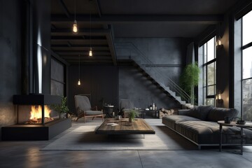 Dark living room loft with fireplace industrial style, AI