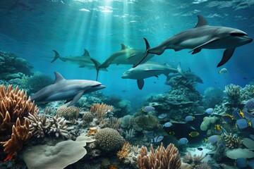 Dolphins and a reef undersea environment. AI generated