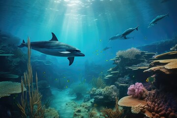 Fototapeta na wymiar Dolphins and a reef undersea environment. AI