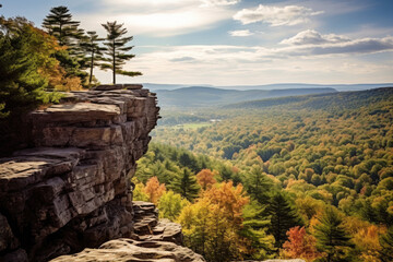 A scenic view from a cliff overlooking a valley. The cliff is made of large rocks and boulders with...