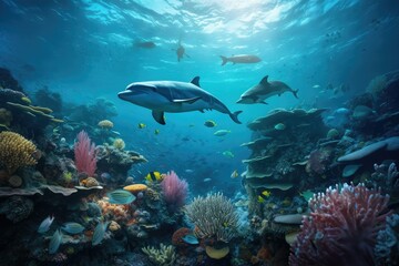 Naklejka na ściany i meble Dolphins and a reef undersea environment.