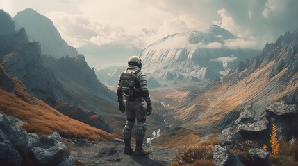 Astronaut standing in front dreamlike landscape. Generative AI - obrazy, fototapety, plakaty