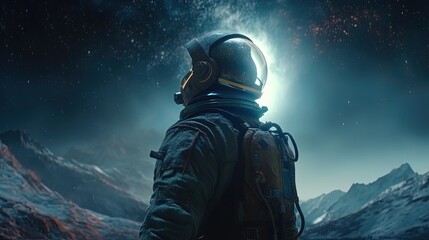 Astronaut standing in front dreamlike landscape. Generative AI