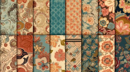 Collection of vintage fabrics with patterns. Generative AI