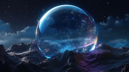Giant magical crystal ball in mountains at night. Generative AI