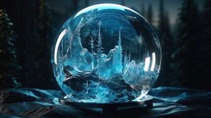 Crystal ball with frozen landscape inside. Generative AI