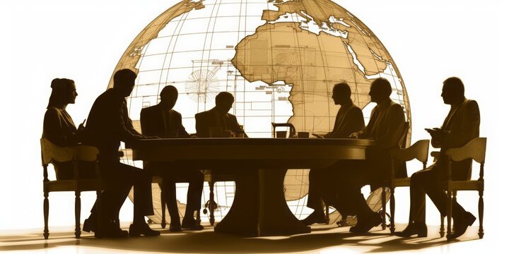 Silhouette of Business People Around Office Table Engaged in Conversation, Rendered in Leonardo da Vinci and Architect Technical Drawing Styles, Wearing Modern Business Outfits