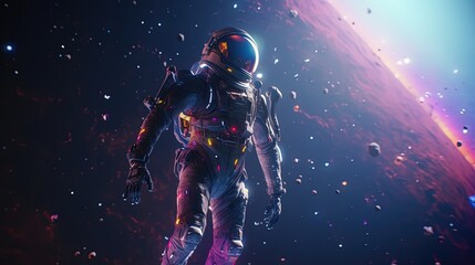 Fototapeta premium Astronaut in magical space. Astronaut against the backdrop of a magical planet. Generative AI