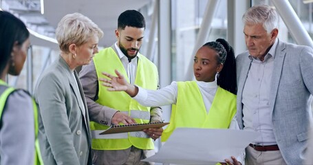 Architect, group and people with blueprint for construction, planning or meeting strategy in city. Diversity of employees, contractor or engineer in teamwork with floor plan for architecture in town