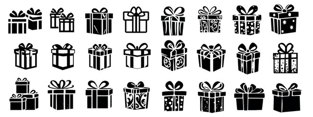 Gift box for the holiday, black silhouette on a transparent background, vector set