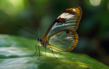 Fototapeta na wymiar Transparent butterfly near the river
