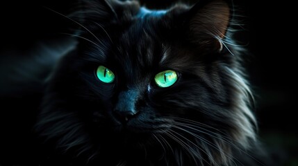 Black cat with glowing green eyes. Close-up. Generative AI