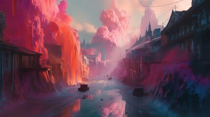 Fantasy vibrant colorful river. Fantasy landscape. Fantasy architecture of city. Generative AI