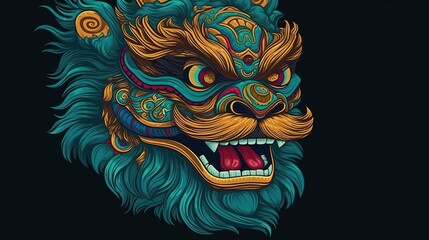 Colorful abstract Chinese dragon head. In style of flat illustration. Blue background. Generative AI