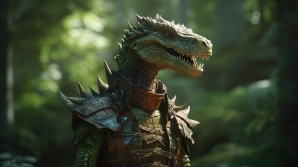 Anthropomorphic dragon in forest. Armored dragon. Generative AI
