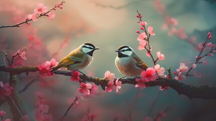 Two robin birds sitting on sakura branch. Generative AI