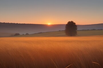 Fototapeta premium Sunrise over the field with a tree, Ai generated