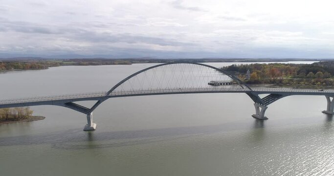 Drone flight at the Lake Champlain Bridge between Crown Point, New Yorkn and Chimney Point, Vermont, USA, North America