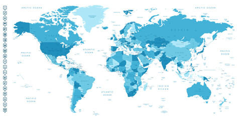 Fototapeta na wymiar World map. Highly detailed map of the world with detailed borders of all countries, cities, regions and bodies of water in blue tones.