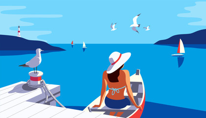 Female in boat on pier enjoy yacht sailing vector poster. Woman in sun hat cartoon. Summer seaside blue ocean bay scenic view background. Holiday vacation sea tourist travel leisure trip illustration