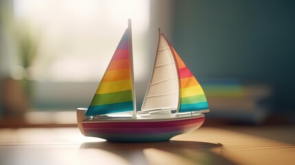 Ship figurine with colored sails. Ship toy. Generative AI