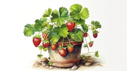 Wild strawberries in pot. In style of watercolor illustration. White background. Generative AI