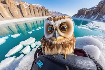 Poster Owl selfie against the backdrop of glaciers. Generative AI © Soulmate