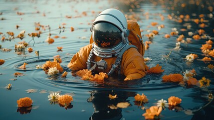 Astronaut in lake with flowers. Astronaut in spacesuit. Generative AI
 - obrazy, fototapety, plakaty