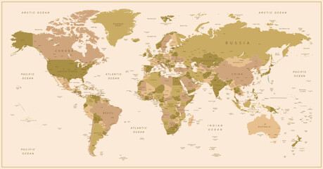 Fototapeta na wymiar World map. Highly detailed map of the world with detailed borders of all countries, cities and bodies of water. Vector map in brown and green colors.