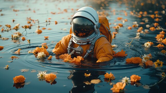 Astronaut in lake with flowers. Astronaut in spacesuit. Generative AI
