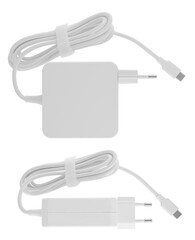 Laptop power adapter, computer spare part, on white background in insulation