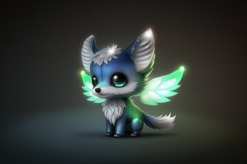 Cartoon fairy fox with glowing green wings. Generative AI

