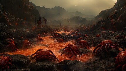 Crabs on lava ground. Generative AI