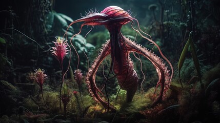 Carnivore poisonous alien flower. Flower creature. Plant monster. Generative AI - obrazy, fototapety, plakaty