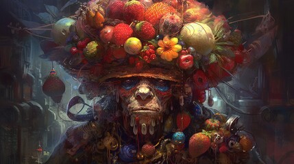 Lucifer psychotic creature made of fruits. Lucifer. Fruit monster. Devil. Generative AI