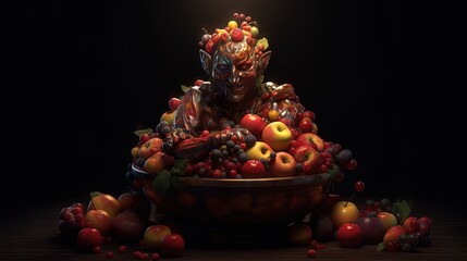 Lucifer psychotic creature made of fruits. Lucifer. Fruit monster. Devil. Black background. Generative AI